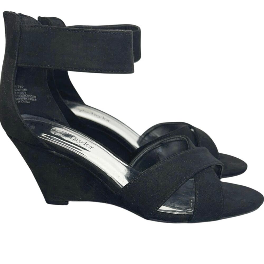 Sophia Taylor fox suede womens 7 wide dress heel black wedge w/ankle strapNWT